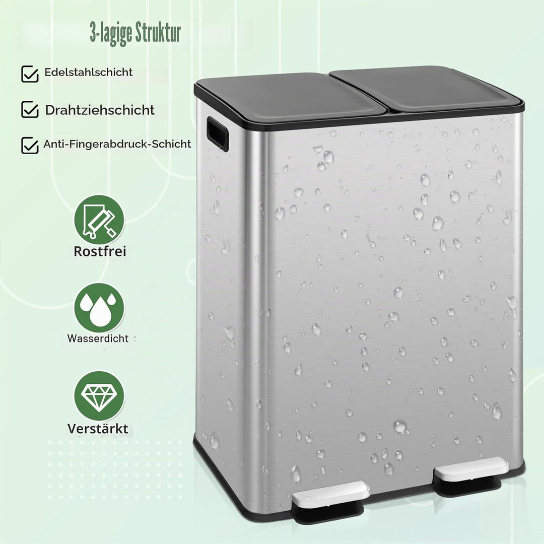 GIANTEX Mülleimer 2 Fächer 2 x 30 L, Doppelmülleimer Abfalleimer Küche, Küchenmülleimer Küchenabfall