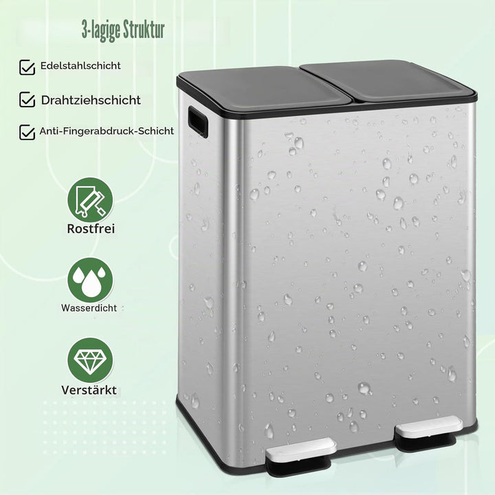 GIANTEX Mülleimer 2 Fächer 2 x 30 L, Doppelmülleimer Abfalleimer Küche, Küchenmülleimer Küchenabfall