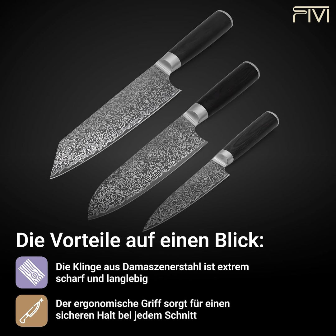 FIVI Damastmesser Set 3-teilig AKIRA, YUNO, SANJI | Profi Küchenmesser Set aus VG10 Damaszenerstahl