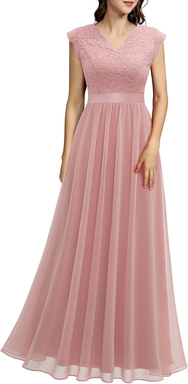 Dressystar Damen Ballkleid Maxi Lang Abendkleider Elegant für Hochzeit Spitzen Cocktailkeid L Band_b