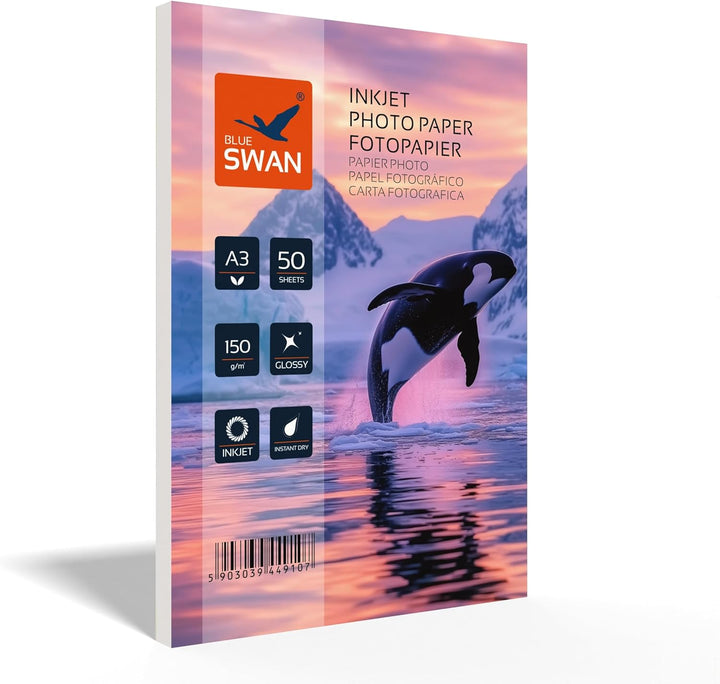 BLUE SWAN Fotopapier A3, 150 g/m², 50 Blatt – Hochglänzend, spritzwasserabweisend, einseitig beschic