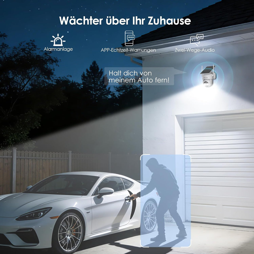 Alles in 1 Überwachungskamera Aussen Akku Solar, 2K, 100% Kabellos, 360° PTZ Kamera Überwachung Auss