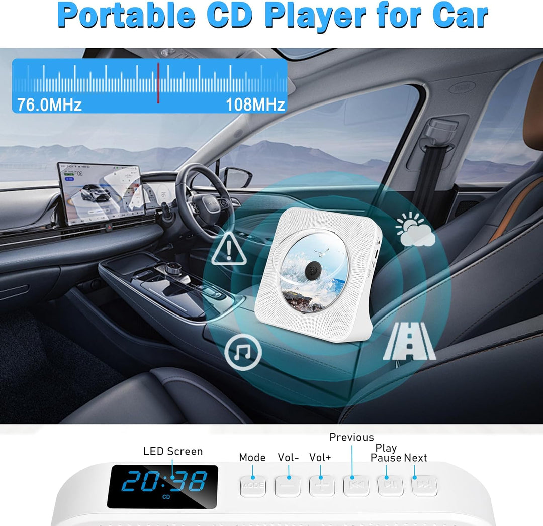 CD Player Tragbar, Bluetooth CD Player Klein Lautsprecher/USB-Lesegerät/FM Radio/Timer, LCD-Display,