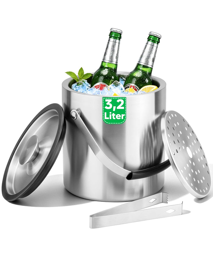 Fire More 3,2L Eiswürfelbehälter, Eiskübel Edelstahl mit Deckel, Clips und Sieb, Tragbar Eisbehälter