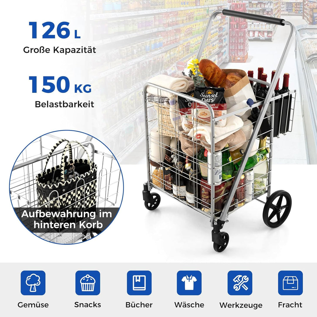 COSTWAY Einkaufstrolley Klappbar, Einkaufswagen auf Rollen mit Abnehmbarer Oxford-Tasche & 2 Körben,