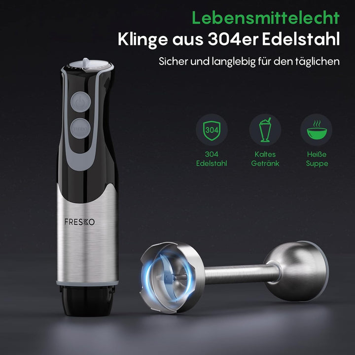 FRESKO Stabmixer, 1000W Edelstahl pürierstab mit 12 Geschwindigkeitsstufen, TURBO-Taste, 700ml Beche