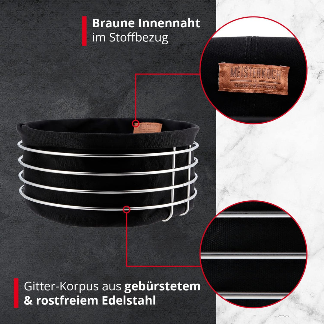 Meisterkoch Brotkorb aus Metall mit Stoffeinsatz, rund 20 cm, Brötchenkorb aus Edelstahl, Stoffeinla