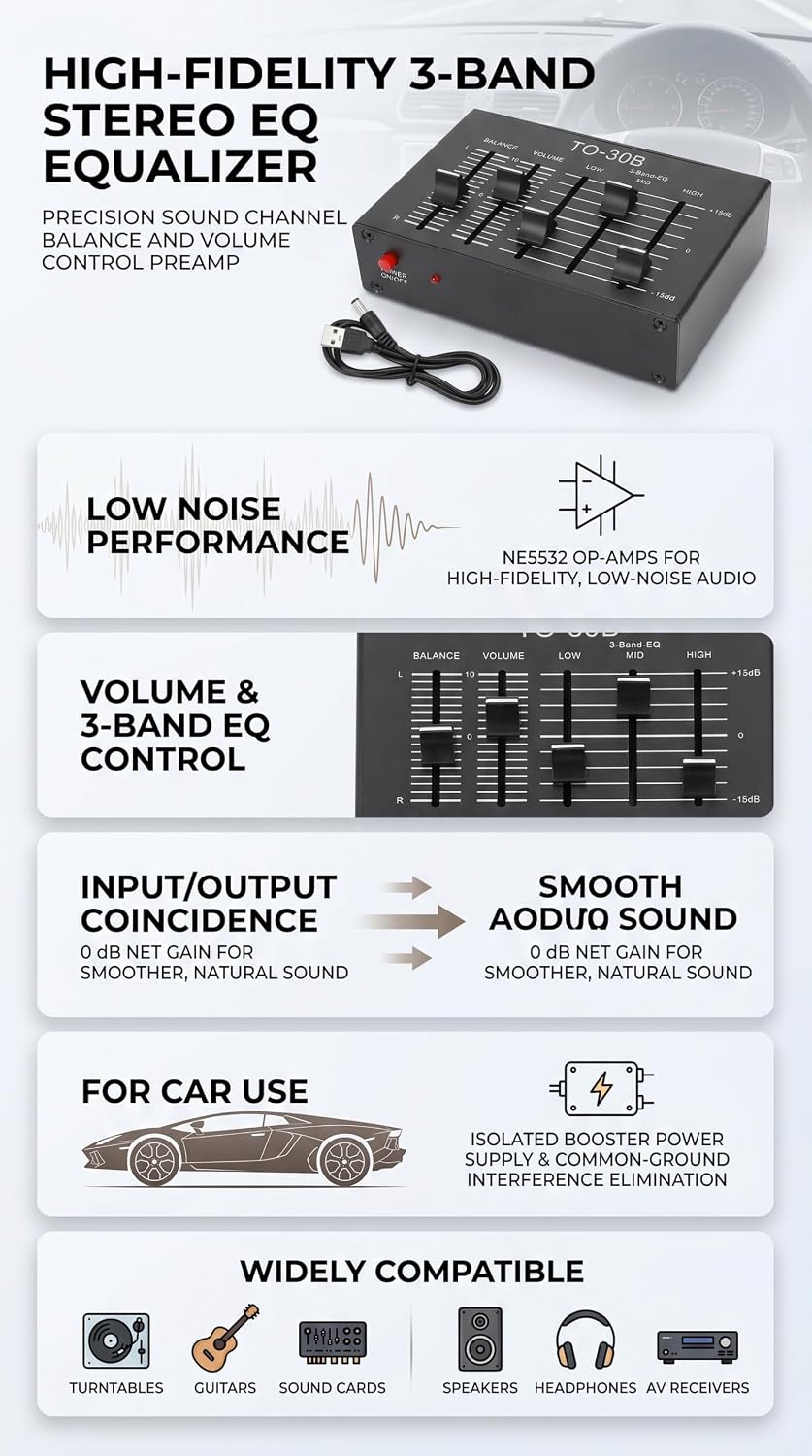 3-Band Equalizer, Stereo Klangverbesserung, Hi-Fi Vorverstärker, Lautstärkeregler für Lautsprecher K