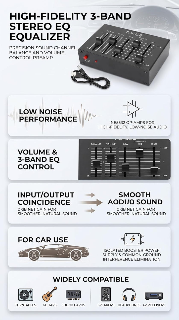 3-Band Equalizer, Stereo Klangverbesserung, Hi-Fi Vorverstärker, Lautstärkeregler für Lautsprecher K