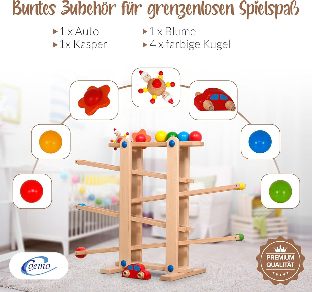 Coemo Kugelbahn Holz 7 Mobile Teile Murmelbahn ab 1 Jahr Motorikspielzeug Lernspielzeug für Babys