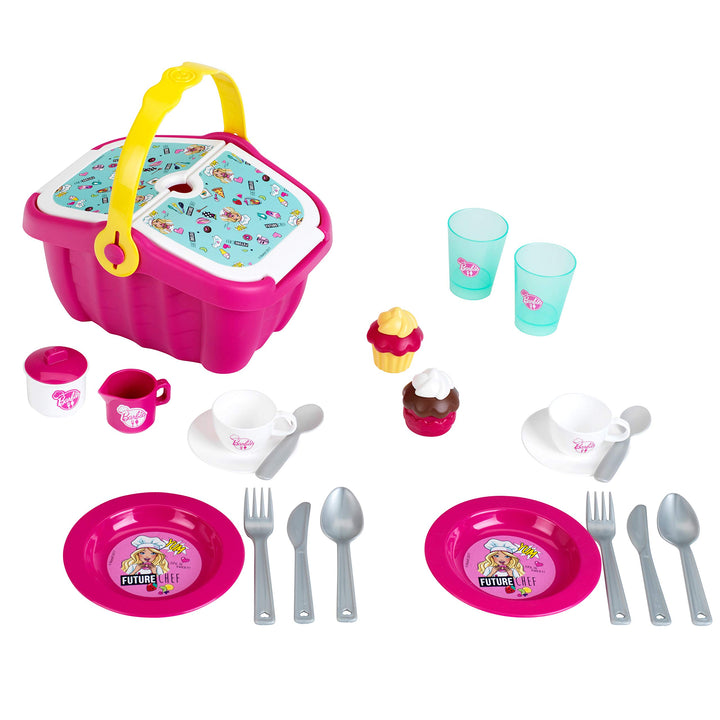 Theo Klein 9527 Barbie Picknickkorb I Robuster Spielzeug-Korb voll Buntem Geschirr und Cupcakes für