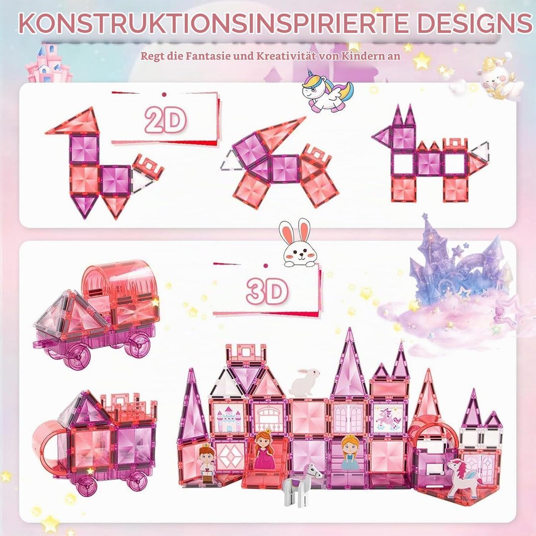 Magnetische Fliesen Set, 3D Märchen-Schloss in Pink, Magnetkacheln für Kinder ab 3 Jahren, STEM Baus