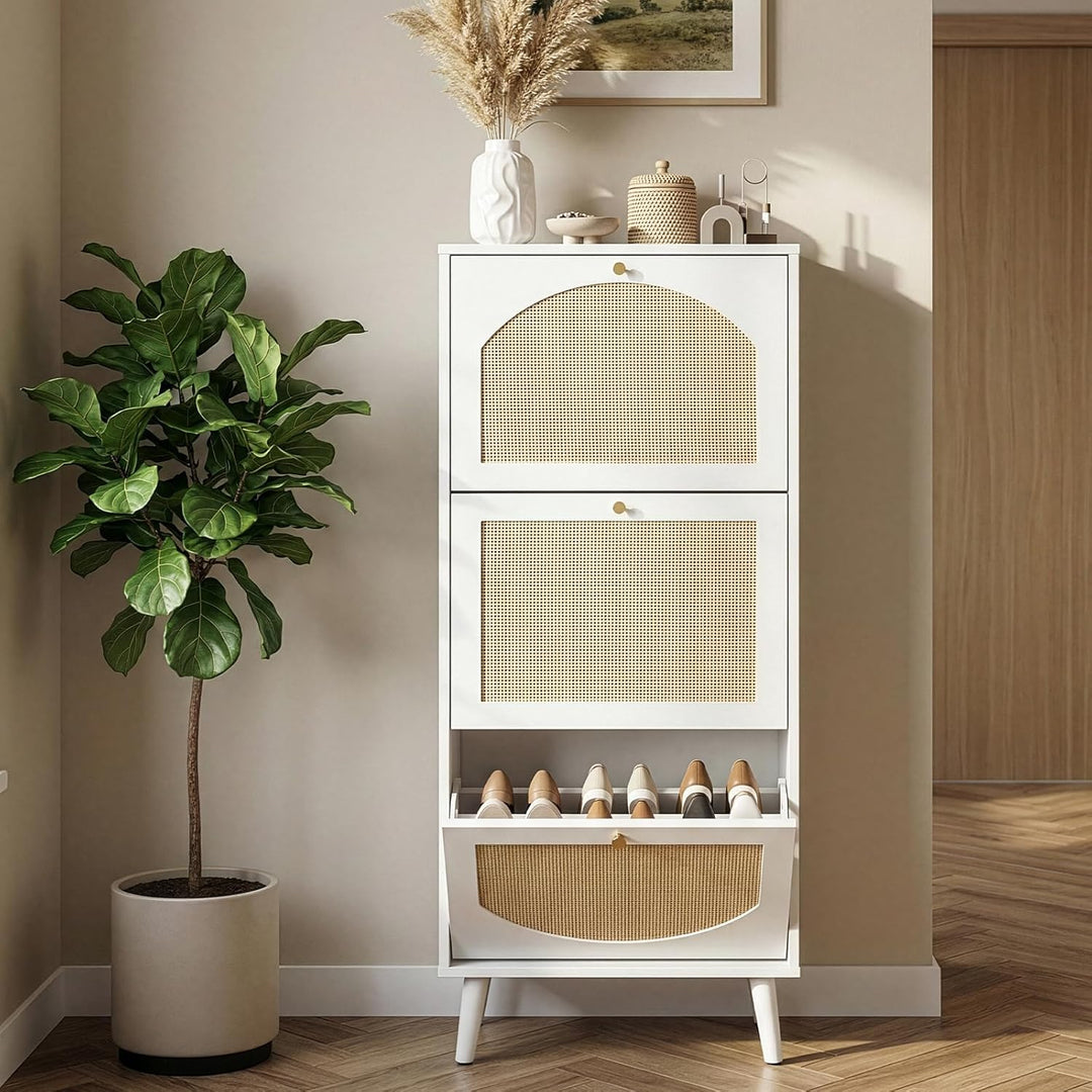 Schuhschrank Schmal, Schuhregal mit 3 Klappen, Schuhkipper mit Verstellbar, Schuhaufbewahrung Holz,