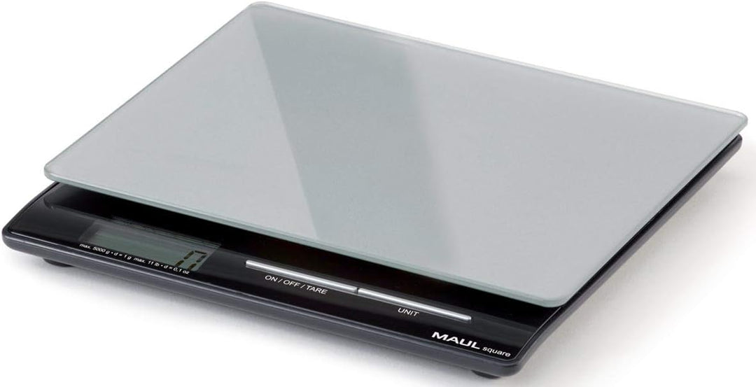 Maul Briefwaage MAULsquare, Küchenwaage Glasoberfläche 18 x 15 cm, Inklusive Batterie, 5000 g, Silbe