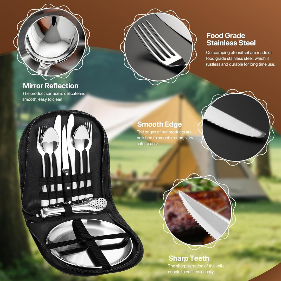 Camping Geschirr Set 2 Personen, 10 Stück Tragbars Campingbesteck Set aus Edelstahl mit einer Tasche