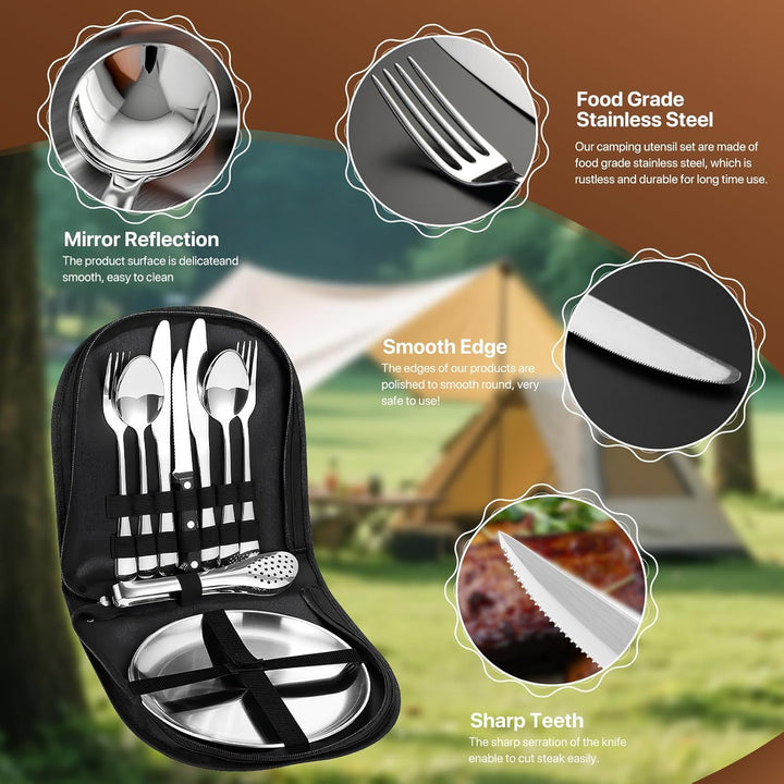 Camping Geschirr Set 2 Personen, 10 Stück Tragbars Campingbesteck Set aus Edelstahl mit einer Tasche