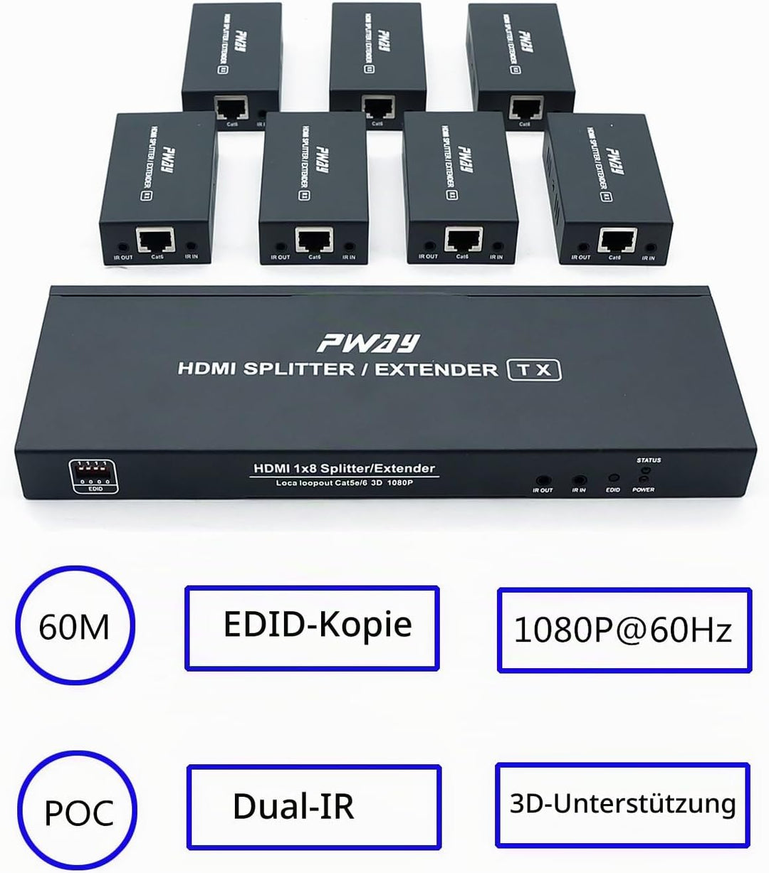 PW-HTS0107IR（POC） 1X7 Port HDMI Splitter Extender/Verteiler Ultra HD 1080P Ohne Verzögerung 60m über