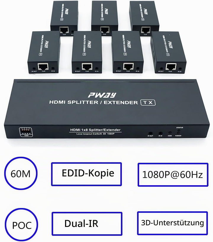 PW-HTS0107IR（POC） 1X7 Port HDMI Splitter Extender/Verteiler Ultra HD 1080P Ohne Verzögerung 60m über