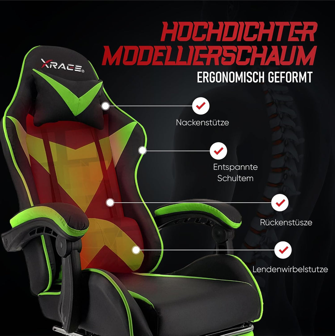 xRace Gaming-Stuhl Hoher Drehstuhl aus Leder mit Lendenwirbelstütze, Kopfstütze und Fussstütze, vers