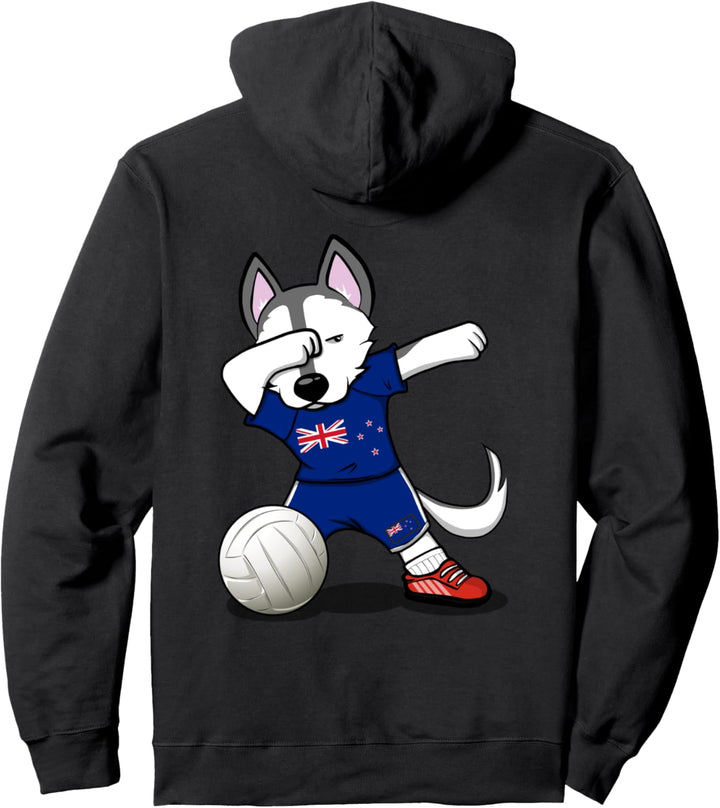Dabbing Husky Neuseeland Volleyball - Neuseeländische Flagge Pullover Hoodie