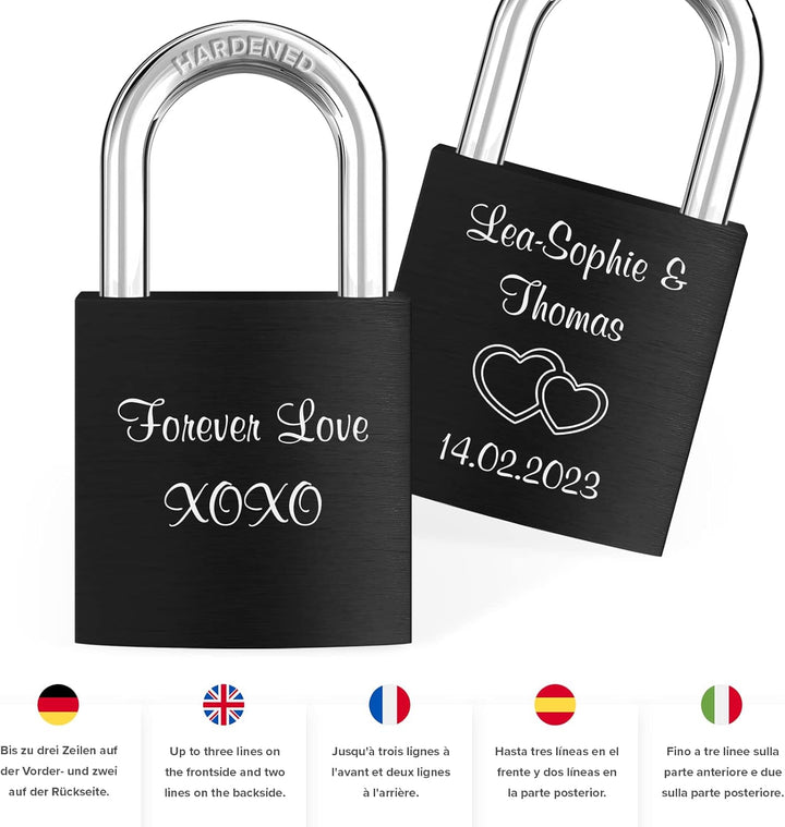 LIEBESSCHLOSS-FACTORY Liebes-Schloss Schwarz mit Laser-Gravur und Schlüssel, gratis Geschenkbox uvm.