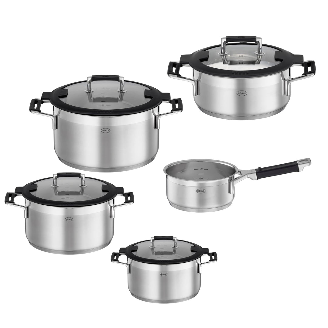 RÖSLE SILENCE PRO Topf-Set 5-tlg., Universaltopfset mit 3 Kochtöpfen, 1 Bratentopf und 1 Stielkasser