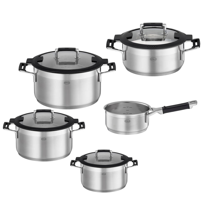 RÖSLE SILENCE PRO Topf-Set 5-tlg., Universaltopfset mit 3 Kochtöpfen, 1 Bratentopf und 1 Stielkasser