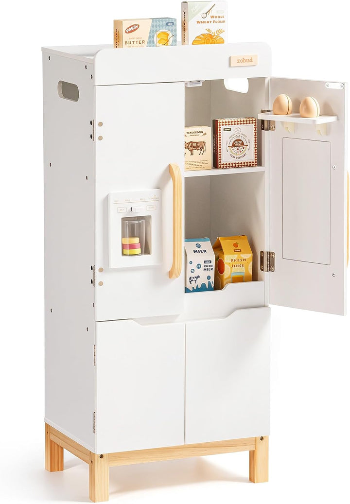 ROBUD Spielkühlschrank Holz für Kinder, Kinderküche Kühlschrank mit Getränkeautomat &amp; Aufbewahrung,