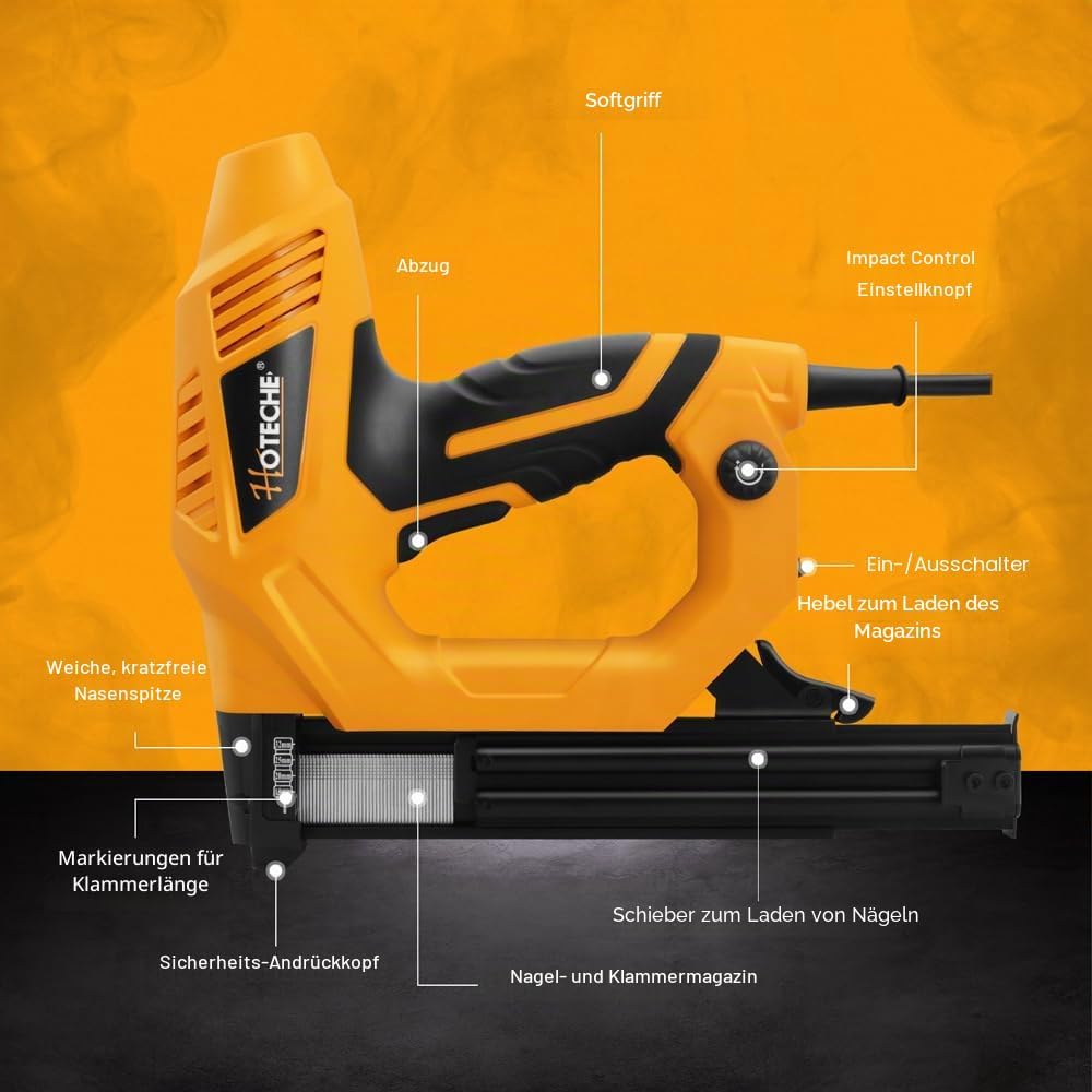 Hoteche 9A Elektrotacker 2-in-1 | 20pcs/min | 100-Nagelkapazität | VDE Stecker | Gelb-Schwarz | 400p