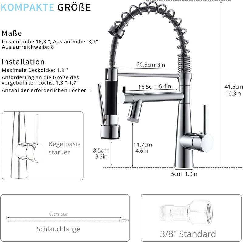 TIMACO LED Wasserhahn Küche Chrome Küchenarmatur mit Spiralfeder, 360°Schwenkbare Spültischarmaturen