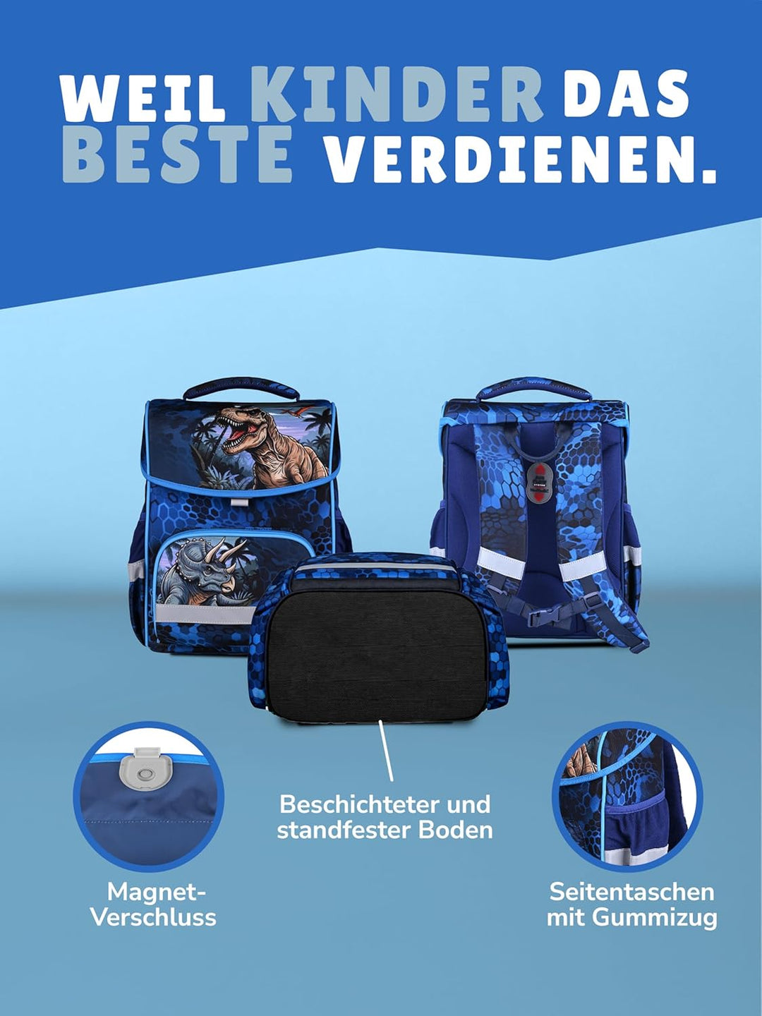 Familando - Basic-Plus Schulranzen Set - 9-teilig mit Sporttasche - T-REX Dino - Ergonomisch, stabil