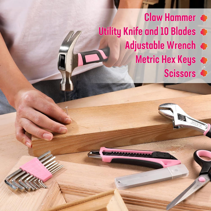 WORKPRO 53-tlg. Werkzeug Set Rosa mit Akkuschrauber klein, pink Werkzeugtasche gefüllt für Haushalt