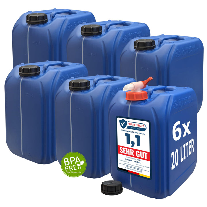 plasteo® 6er Set: 20 L Kanister Wasserkanister Blau inkl. Deckel und 1 x Auslaufhahn | BPA-Frei Lebe