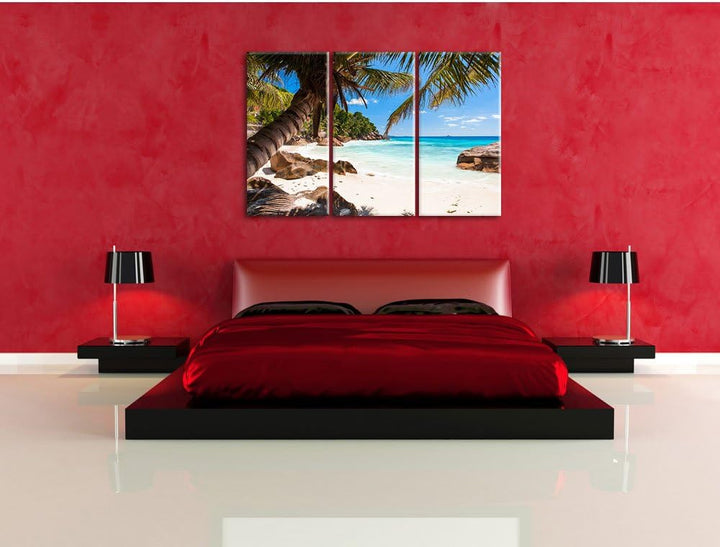 Pixxprint Palmenstrand Seychellen als Leinwandbild | Grösse: 3 Teilig (120x80) | Wandbild| Kunstdruc