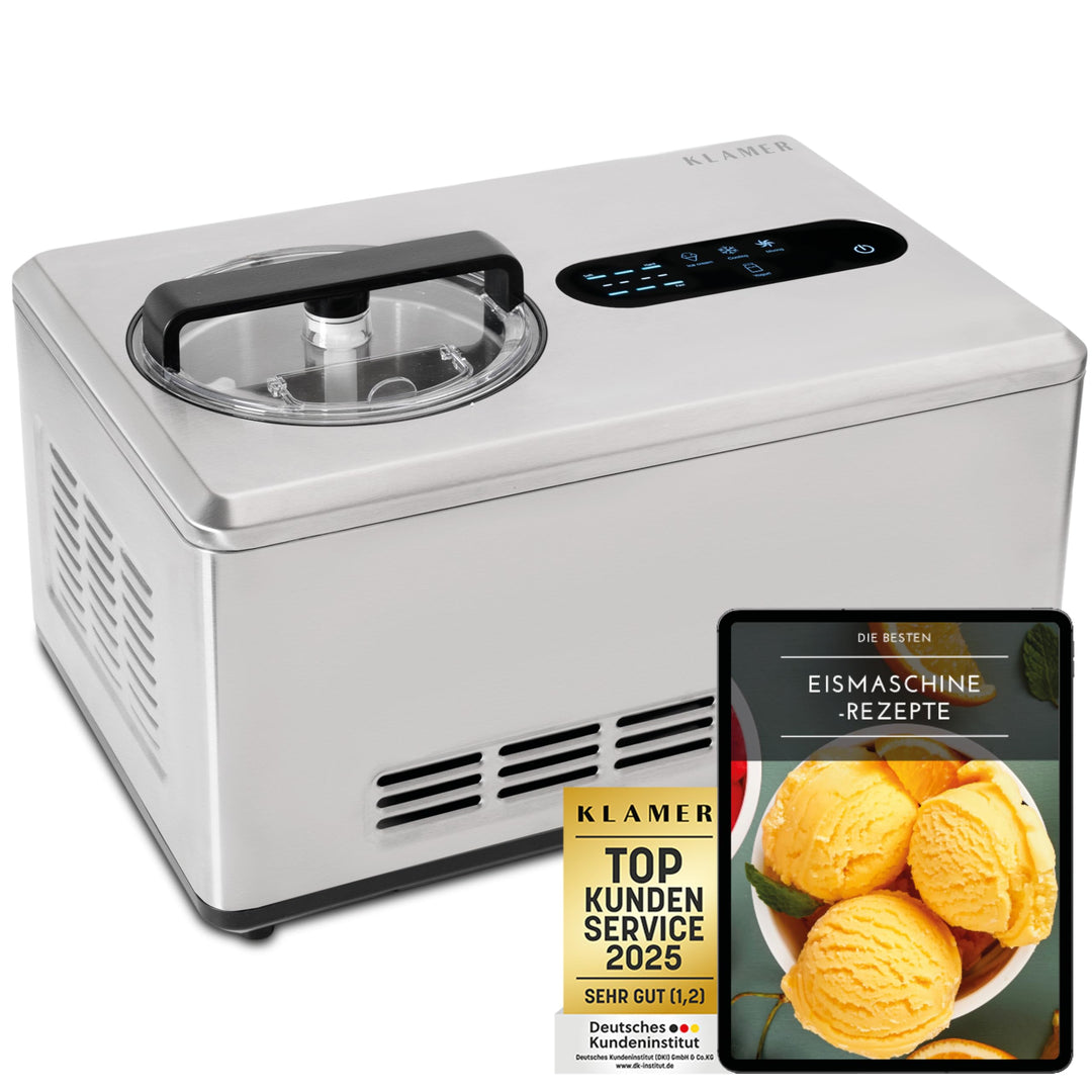 KLAMER 2-in-1 Eismaschine & Joghurtbereiter 2 L, 220 W Eiscrememaschine aus Edelstahl mit Kühl- und