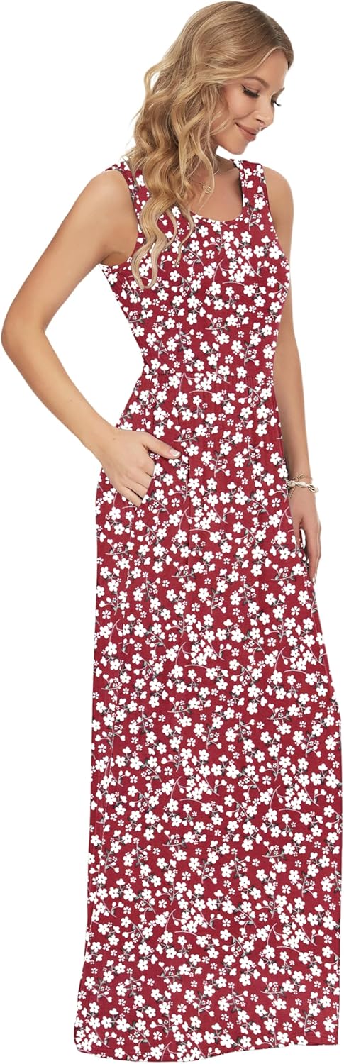 AUSELILY Damen Sommer Ärmelloses Lockeres Maxikleid Lässiges Langes Kleid mit Taschen Rot Blumen S,