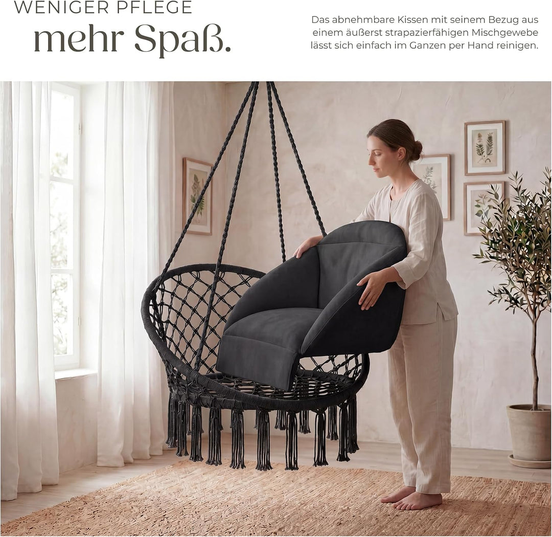 tectake® Hängesessel, Hängeschaukel mit dicken Kissen & Quasten, Boho Hängekorb Ø 80 cm, Hängesessel