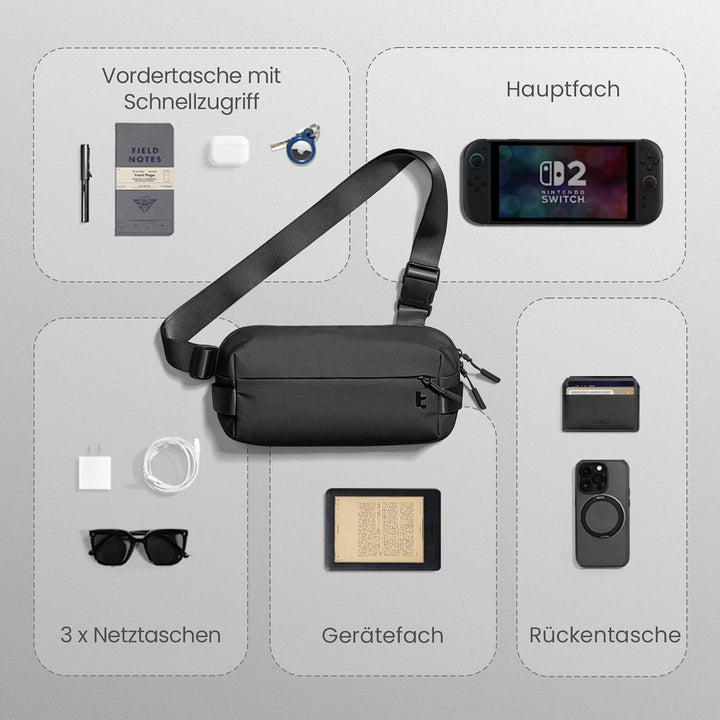 tomtoc Kompakt Sling Bag, 4L Minimalistisch Brusttasche Umhängetasche Schultertasche für Herren und