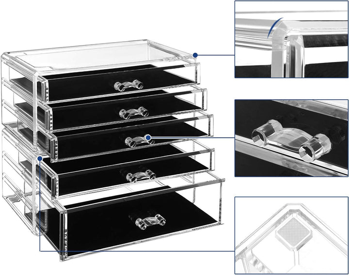 SONGMICS Make-up Organizer, 2 stapelbare Aufbewahrungsboxen für Schmuck und Kosmetik, mit 5 Schublad