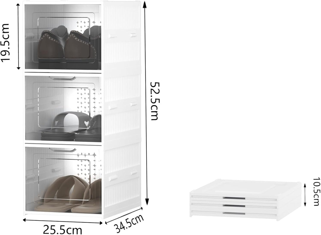 Faltbare Schuhboxen 3er Set, Stapelbar & Platzsparend, Transparente Klapptür, Stabiler Kunststoff Sc
