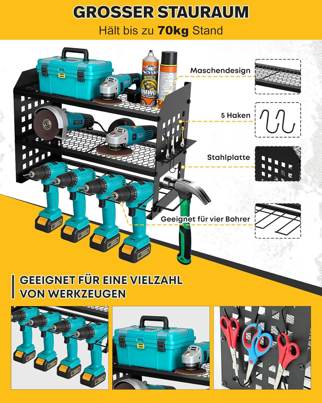 Ribelli Werkzeug Wandhalterung 3 Ebenen mit Haken, Metal Werkzeugregal für 4 Elektrowerkzeug, Akkusc