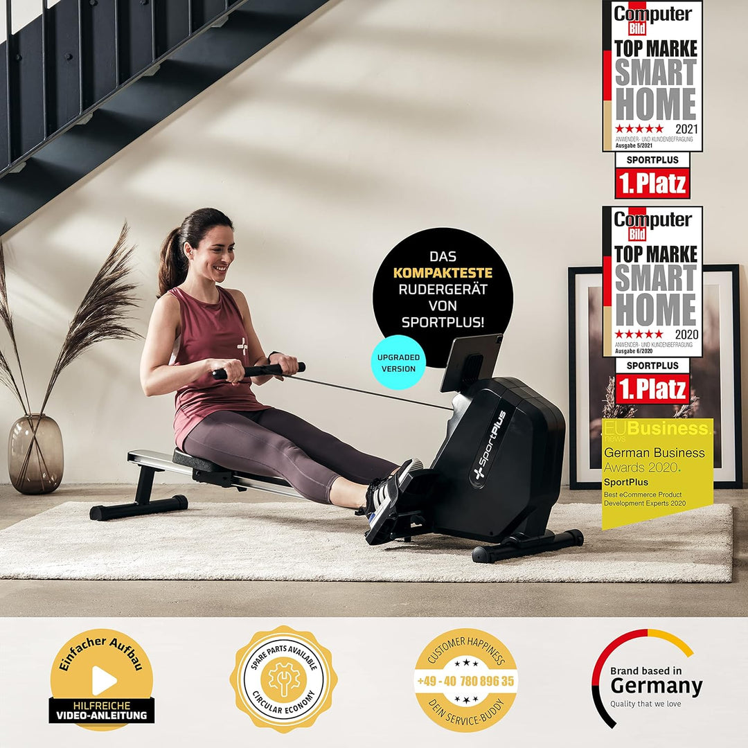SportPlus| 2022 Modell | Rudergerät für zuhause mit Handyhalterung, klappbar & mit Transportrollen,