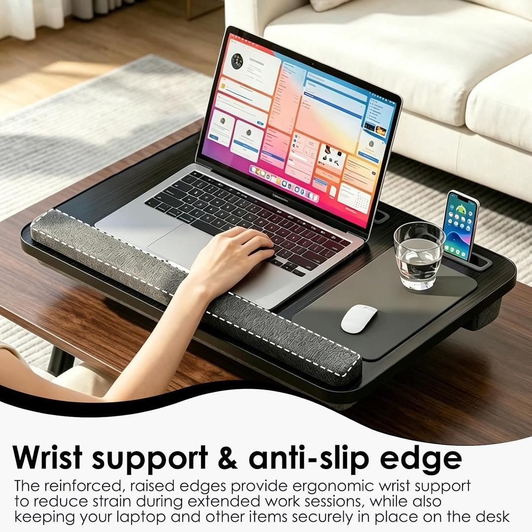 Laptopkissen für Bett mit Handgelenkauflage, bis 16" (Schwarz) | Tablet &amp; Handyhalter und Mausunterl