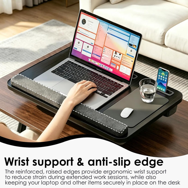 Laptopkissen für Bett mit Handgelenkauflage, bis 16" (Schwarz) | Tablet &amp; Handyhalter und Mausunterl