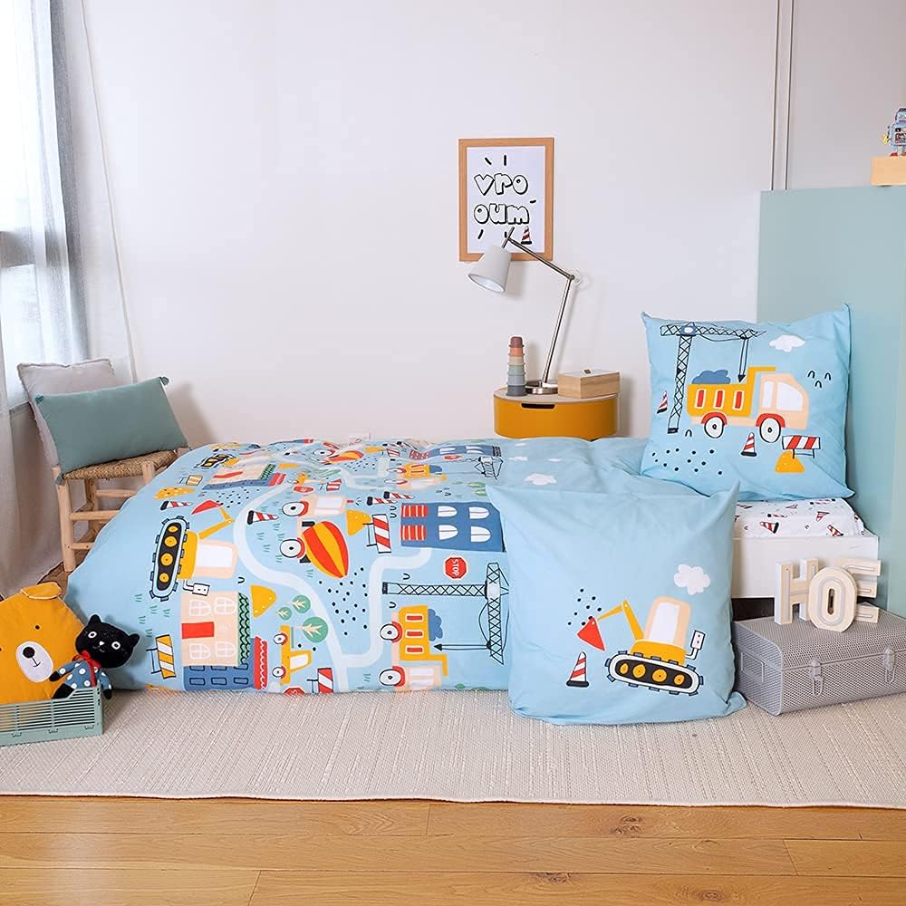 CÔTE DECO Bettwäsche-Set für Kinder, wendbar, LKW und Traktor, Blau, Bettbezug 140 x 200 cm + 1 Kiss