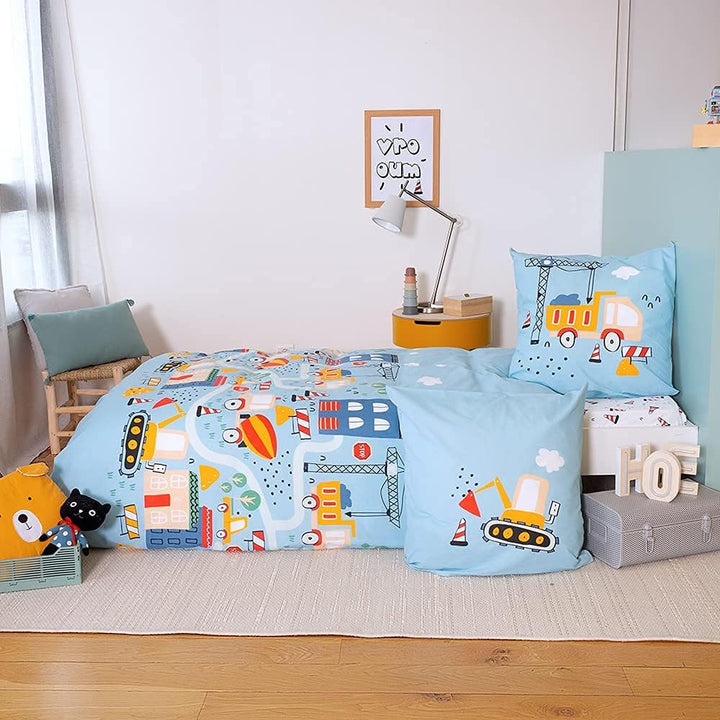 CÔTE DECO Bettwäsche-Set für Kinder, wendbar, LKW und Traktor, Blau, Bettbezug 140 x 200 cm + 1 Kiss