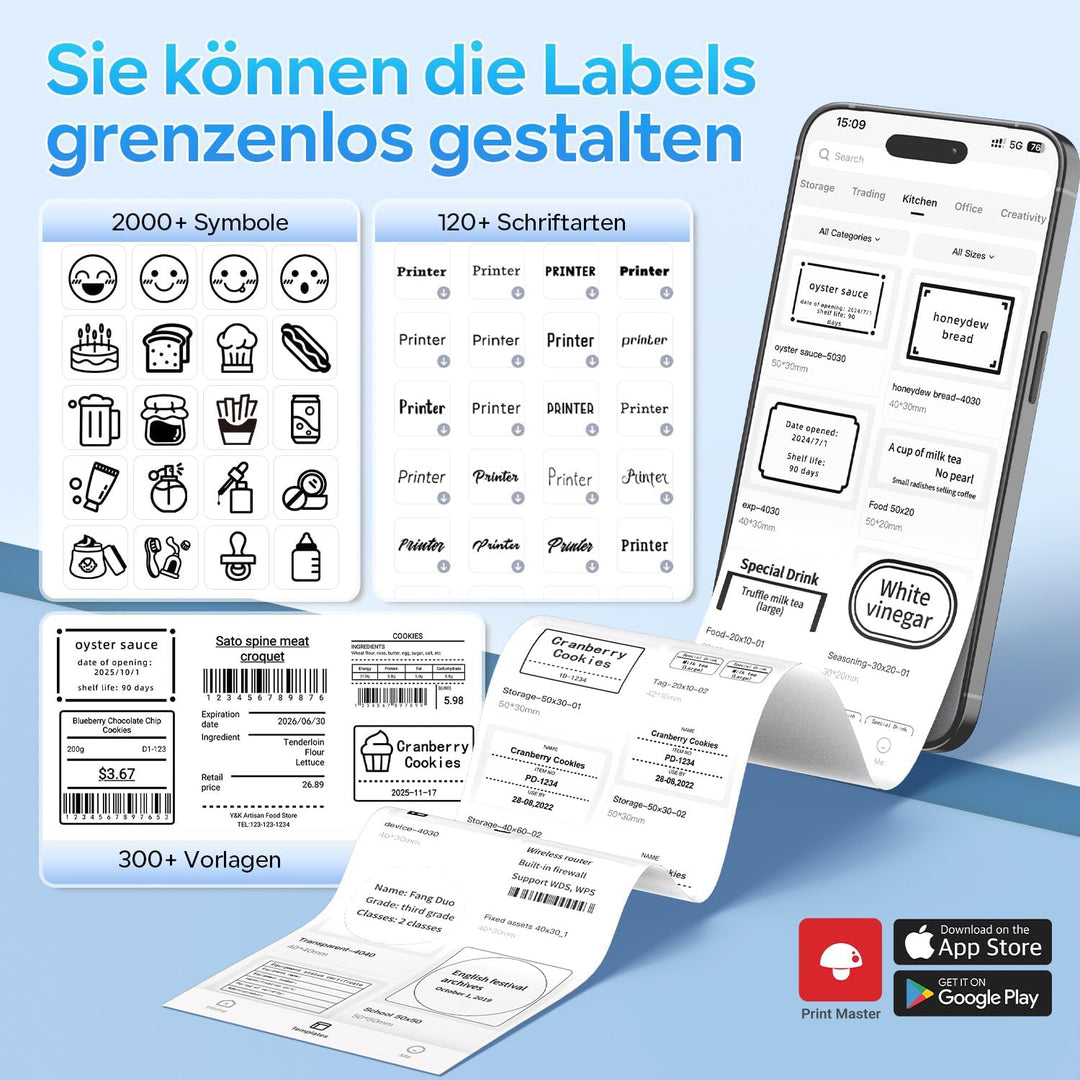 Memoking Etikettendrucker Selbstklebend, Bluetooth Label Printer mit 2000 Symbolen und 300 Vorlagen,
