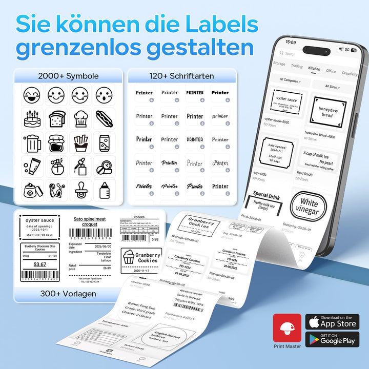 Memoking Etikettendrucker Selbstklebend, Bluetooth Label Printer mit 2000 Symbolen und 300 Vorlagen,