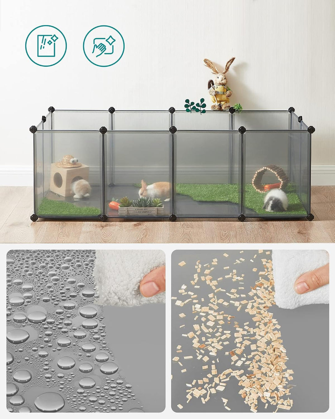 SONGMICS Freigehege mit Bodenplatten, Laufstall, Meerschweinchen Gehege, aus Kunststoff, Gehege für