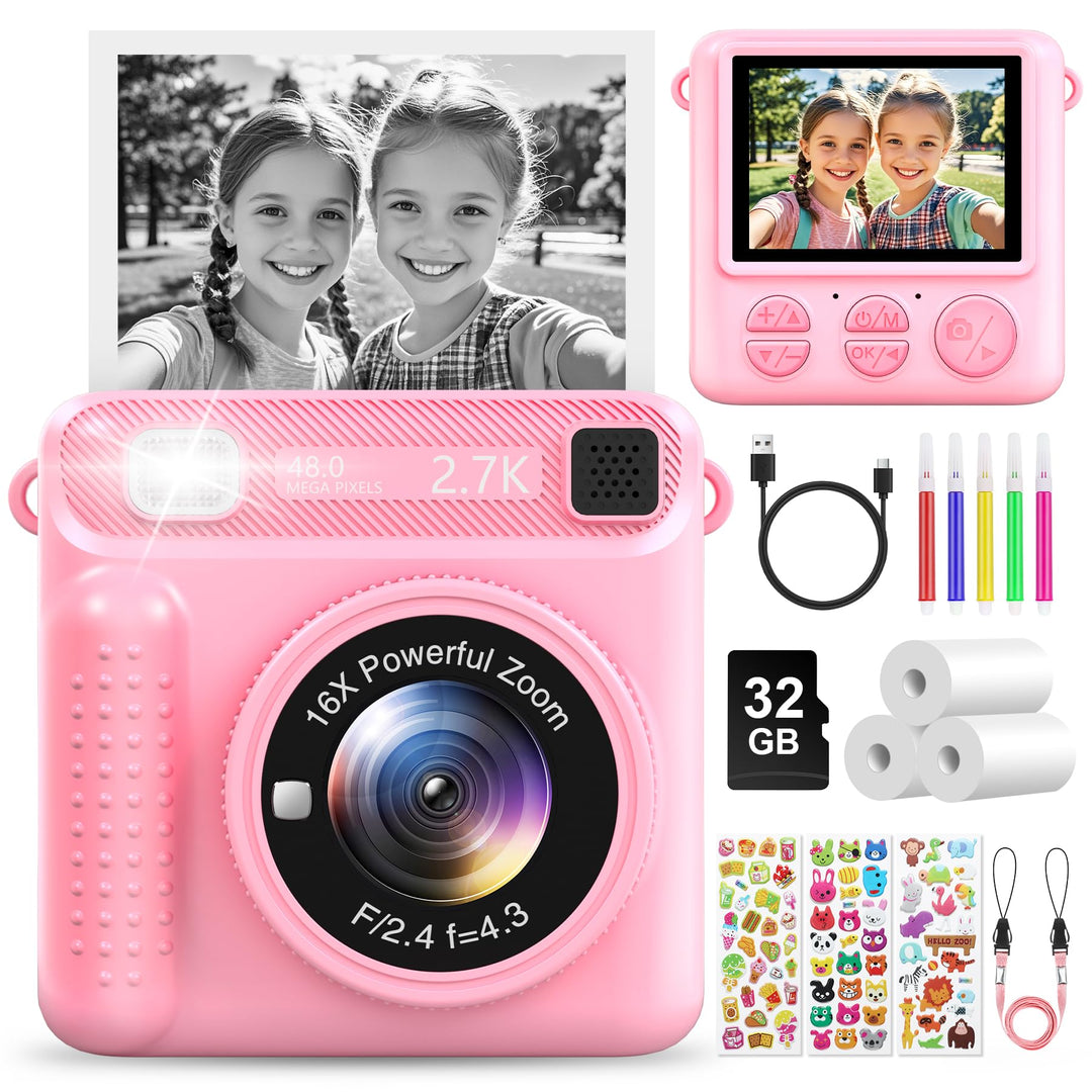 Sofortbildkamera Kinderkamera – 1080P 2,4 Zoll Bildschirm Kinderkamera Mit 32GB Karte & Druckpapier,